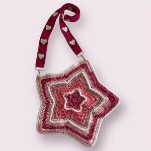 Pink Crochet Star Bag with Heart Strap